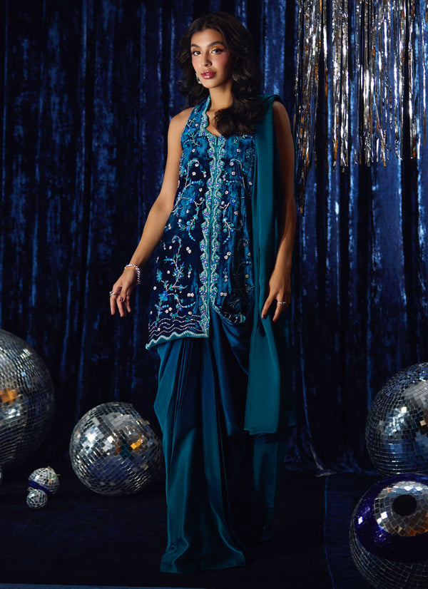 Farah Talib Aziz | Luxe Pret | Pri Prussian Blue Saari Jacket - House of Ayeza