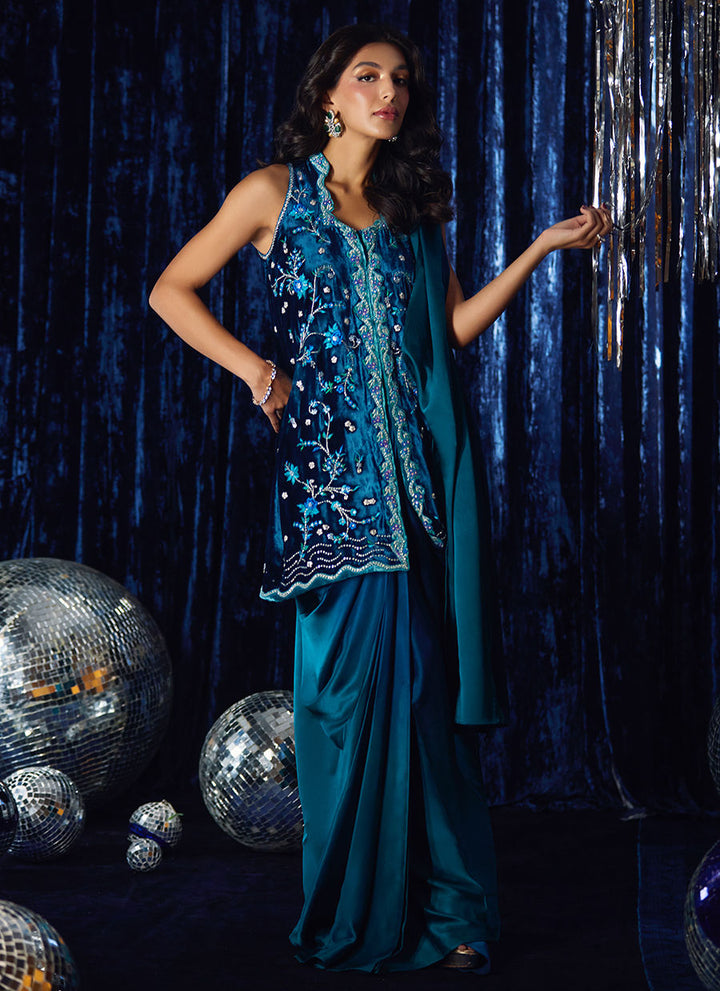 Farah Talib Aziz | Luxe Pret | Pri Prussian Blue Saari Jacket - House of Ayeza