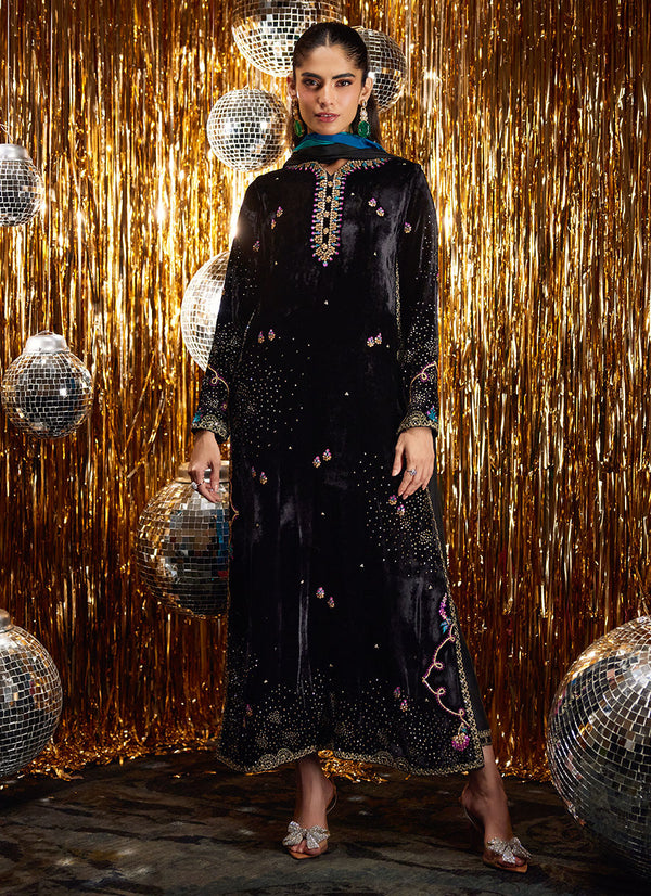 Farah Talib Aziz | Luxe Pret | Masika Black Shirt And Dupatta - House of Ayeza