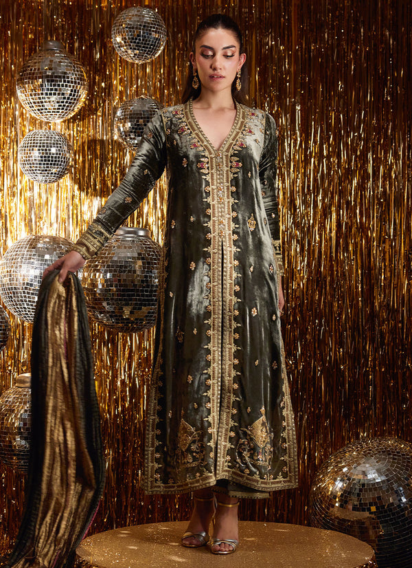 Farah Talib Aziz | Luxe Pret | Sarina Slate Shirt And Dupatta - House of Ayeza