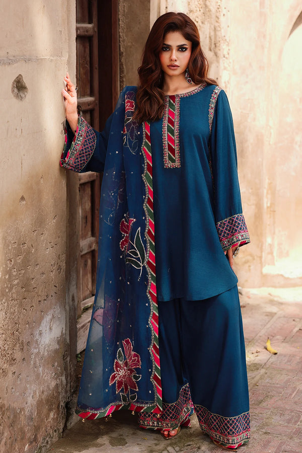 Charizma | Mi-Amor Ready to Wear | 3-PC Embroidered Raw-Silk Suit CMA-5-076H - House of Ayeza