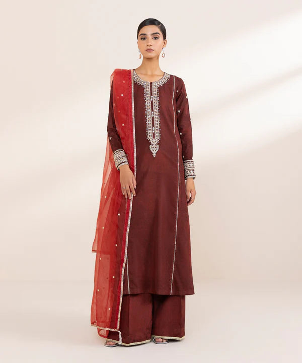 Sapphire | RTW Festive '24 | 3 Piece | Embroidered Raw Silk Suit - House of Ayeza