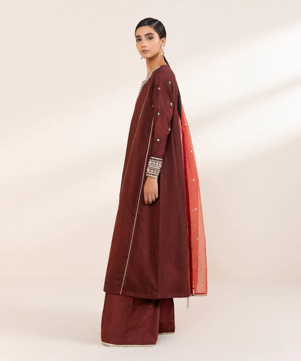 Sapphire | RTW Festive '24 | 3 Piece | Embroidered Raw Silk Suit - House of Ayeza