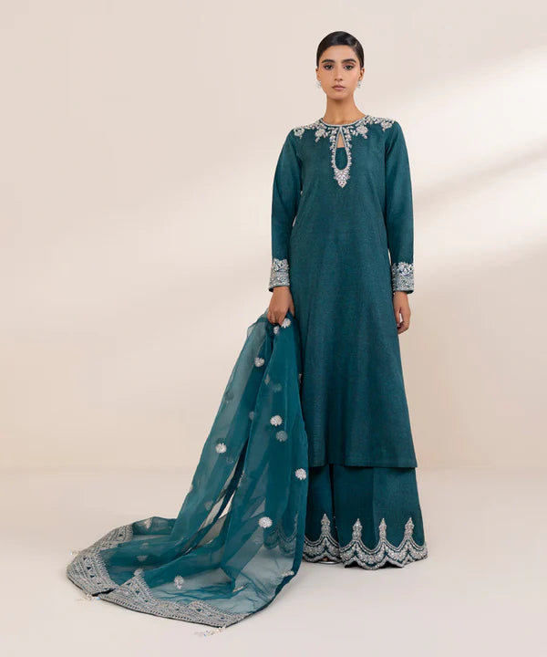 Sapphire | RTW Festive '24 | 3 Piece | Embroidered Raw Silk Suit - House of Ayeza