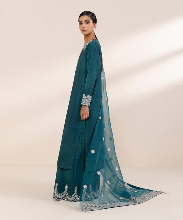 Sapphire | RTW Festive '24 | 3 Piece | Embroidered Raw Silk Suit - House of Ayeza