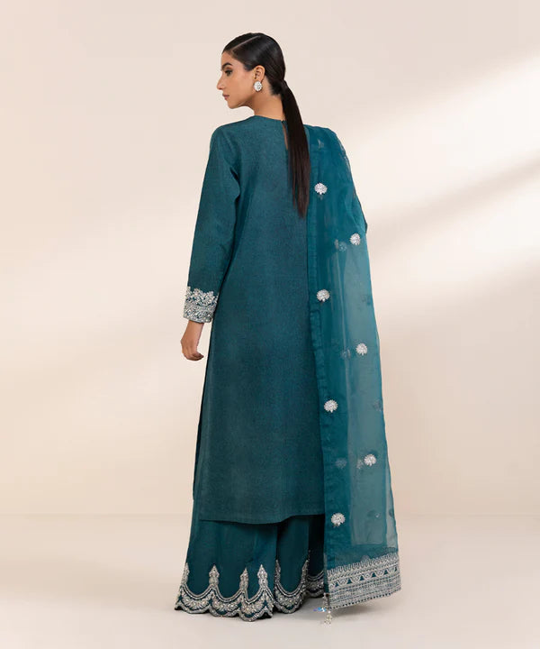 Sapphire | RTW Festive '24 | 3 Piece | Embroidered Raw Silk Suit - House of Ayeza