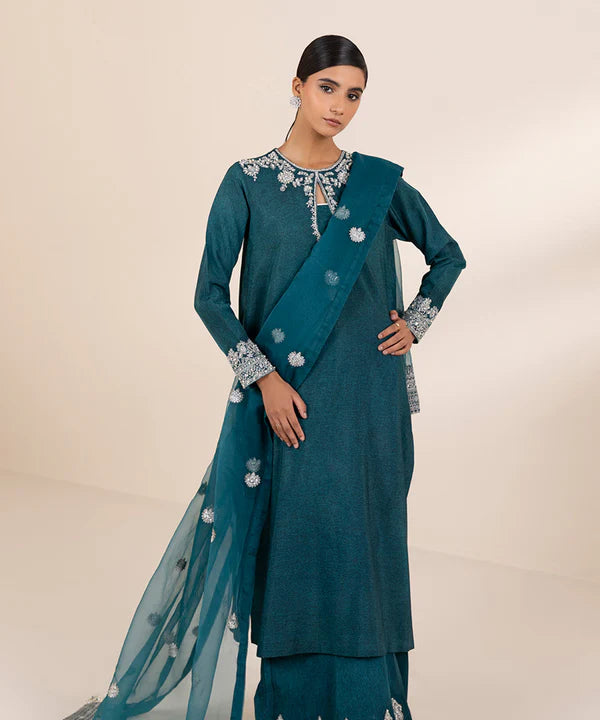 Sapphire | RTW Festive '24 | 3 Piece | Embroidered Raw Silk Suit - House of Ayeza