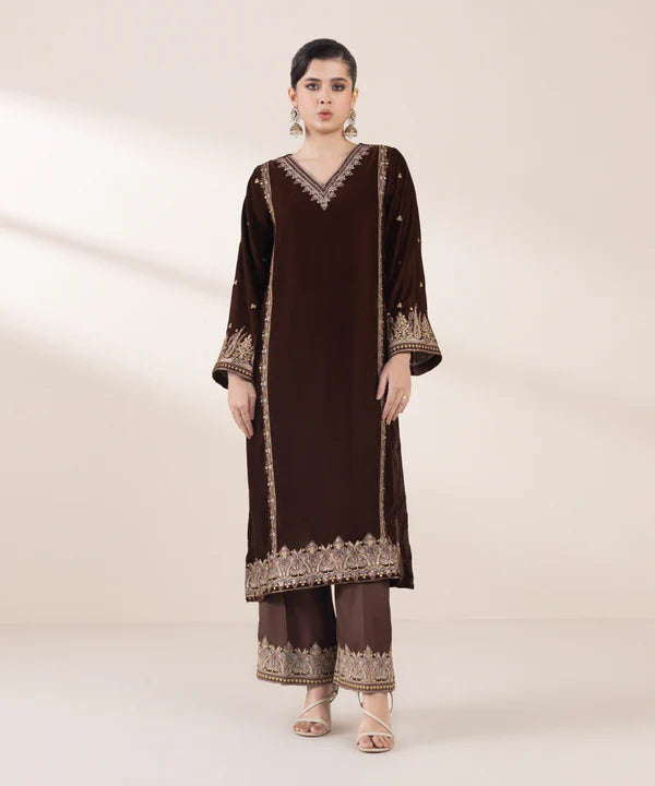 Sapphire | RTW Festive '24 | 2 Piece | Embroidered Raw Silk Suit - House of Ayeza