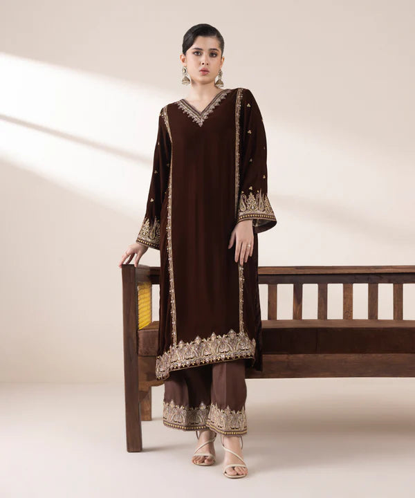 Sapphire | RTW Festive '24 | 2 Piece | Embroidered Raw Silk Suit - House of Ayeza