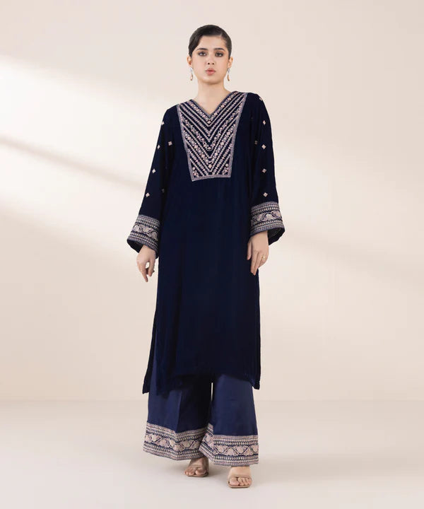 Sapphire | RTW Festive '24 | 2 Piece | Embroidered Raw Silk Suit - House of Ayeza