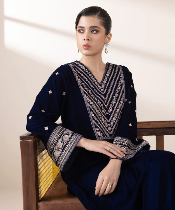 Sapphire | RTW Festive '24 | 2 Piece | Embroidered Raw Silk Suit - House of Ayeza