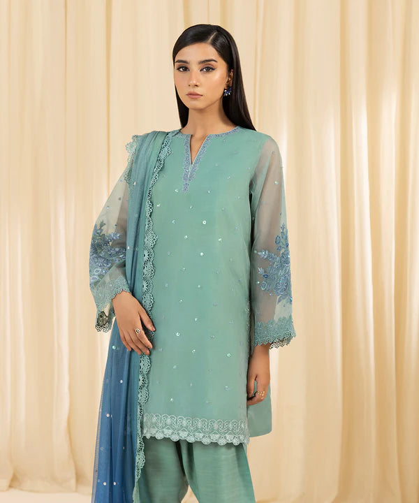 Sapphire | 3 Piece - Embroidered Organza Suit - House of Ayeza