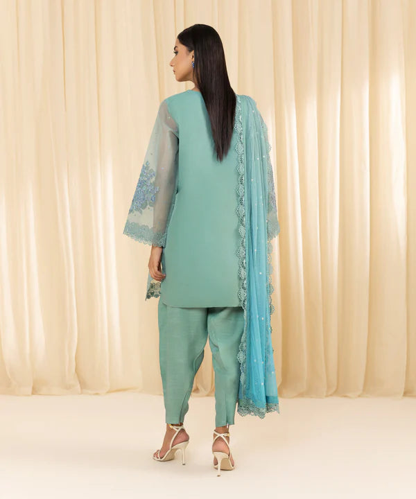 Sapphire | 3 Piece - Embroidered Organza Suit - House of Ayeza