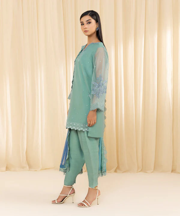 Sapphire | 3 Piece - Embroidered Organza Suit - House of Ayeza