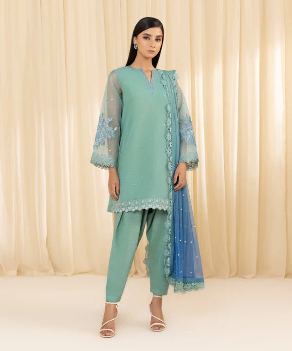 Sapphire | 3 Piece - Embroidered Organza Suit - House of Ayeza