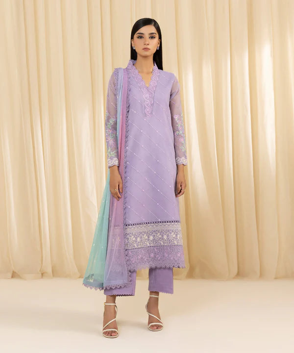 Sapphire | 3 Piece - Embroidered Organza Suit - House of Ayeza