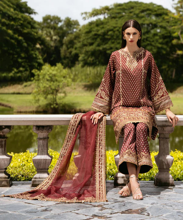 Sapphire | 3 Piece - Embroidered Silk Suit - House of Ayeza