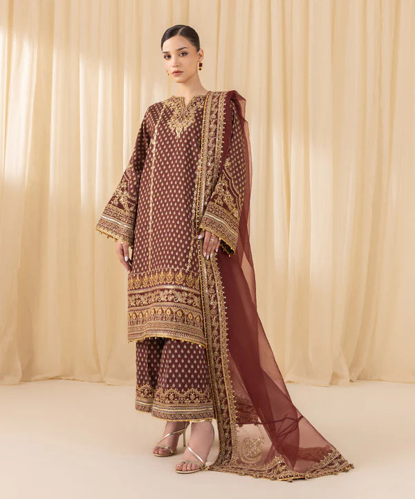 Sapphire | 3 Piece - Embroidered Silk Suit - House of Ayeza