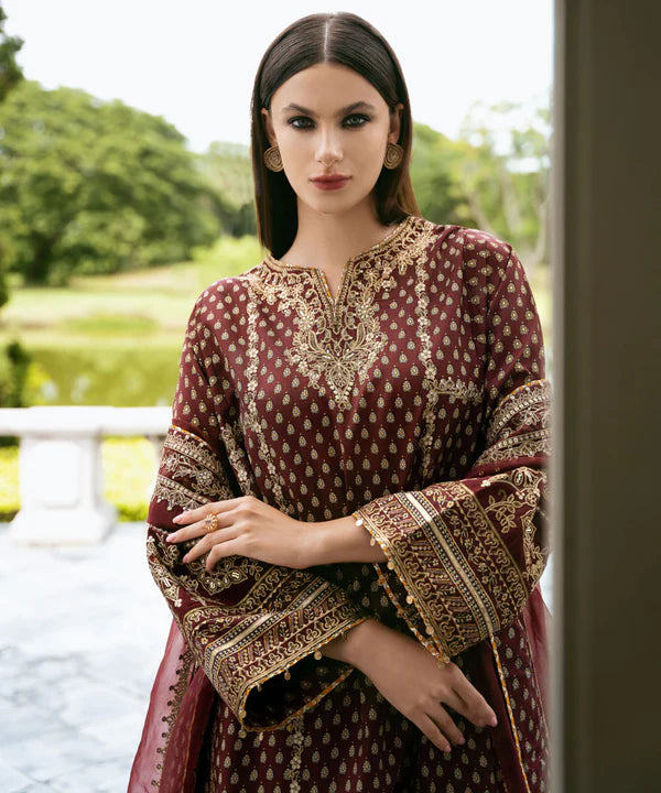 Sapphire | 3 Piece - Embroidered Silk Suit - House of Ayeza