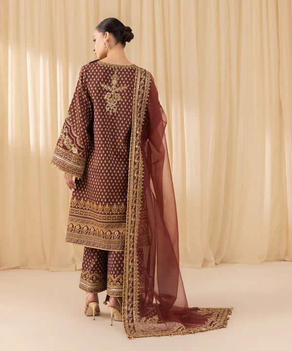 Sapphire | 3 Piece - Embroidered Silk Suit - House of Ayeza