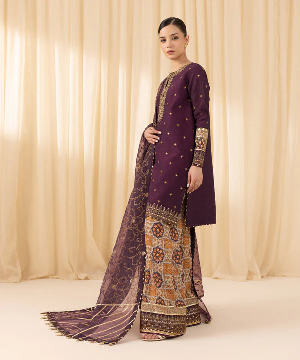 Sapphire | 3 Piece - Embroidered Raw Silk Suit - House of Ayeza