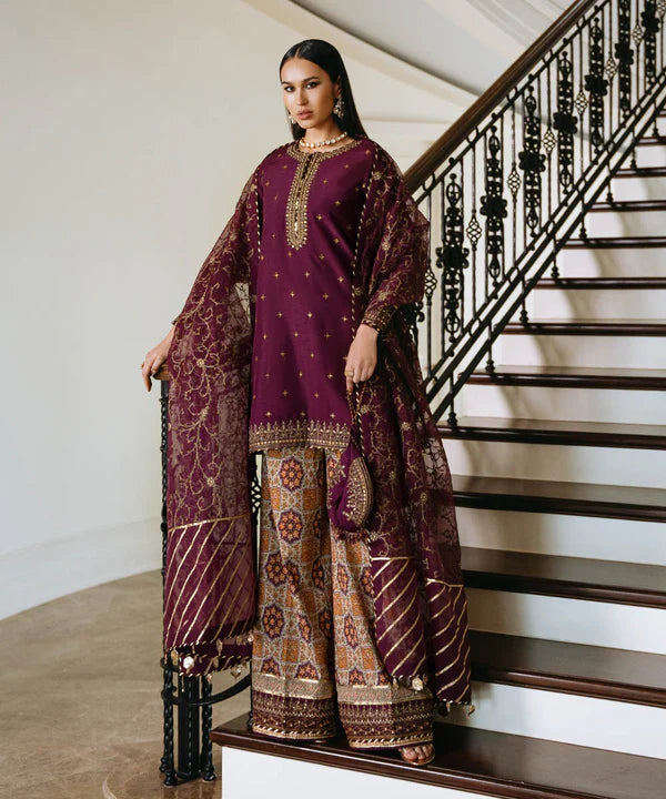 Sapphire | 3 Piece - Embroidered Raw Silk Suit - House of Ayeza