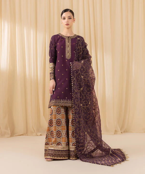 Sapphire | 3 Piece - Embroidered Raw Silk Suit - House of Ayeza