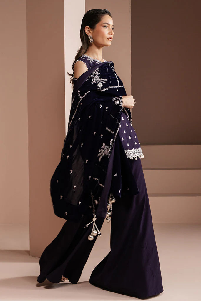 Cross Stitch | PURPLE MAJESTY-3 PIECE EMBROIDERED SILK SUIT - House of Ayeza