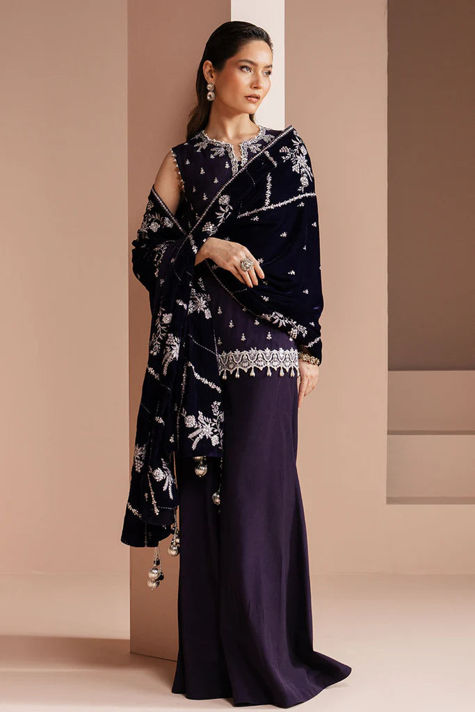 Cross Stitch | PURPLE MAJESTY-3 PIECE EMBROIDERED SILK SUIT - House of Ayeza