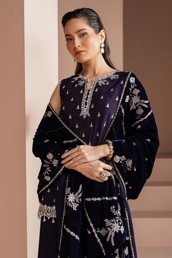 Cross Stitch | PURPLE MAJESTY-3 PIECE EMBROIDERED SILK SUIT - House of Ayeza