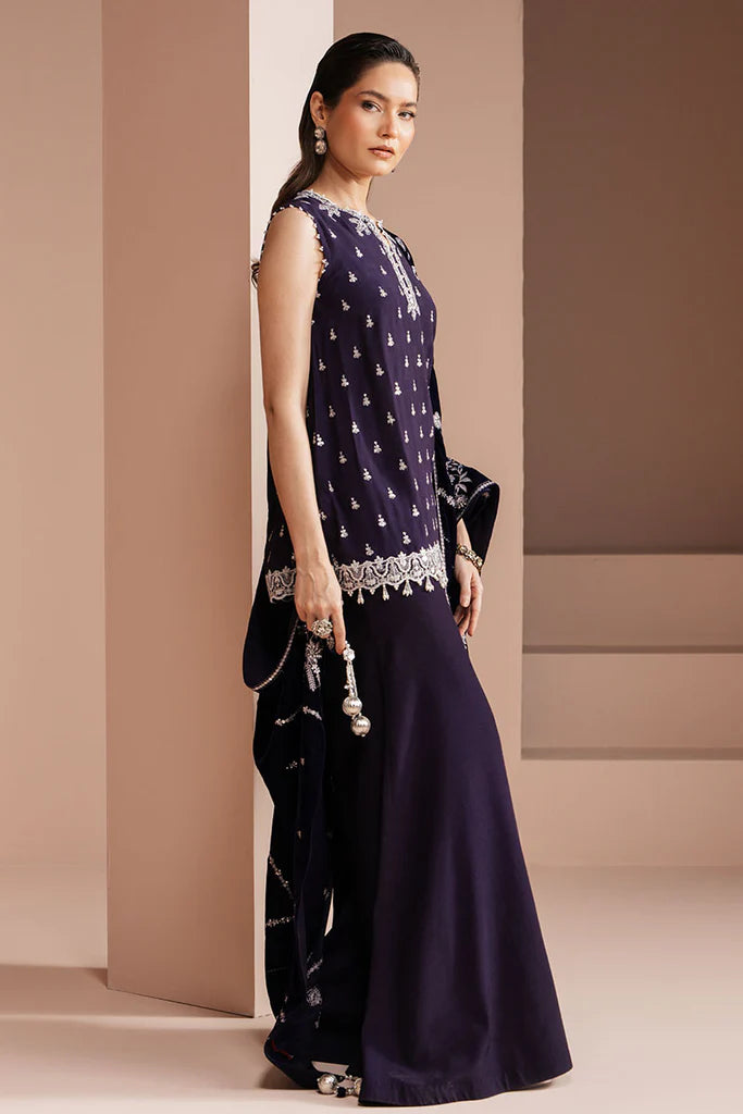 Cross Stitch | PURPLE MAJESTY-3 PIECE EMBROIDERED SILK SUIT - House of Ayeza