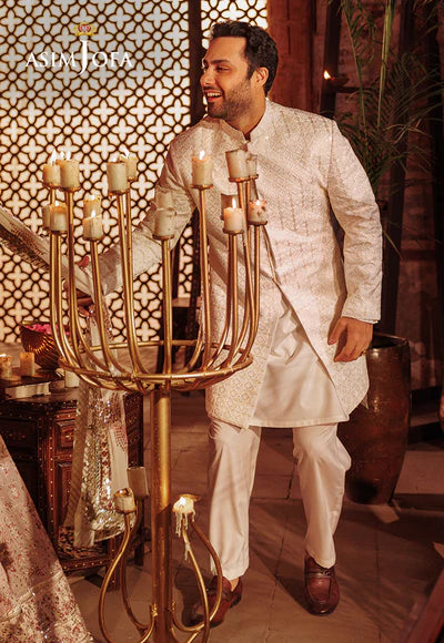 Asim Jofa | Menswear New In | AJMS-11 EMBROIDERED KOREAN RAW SILK 3 PCS - House of Ayeza