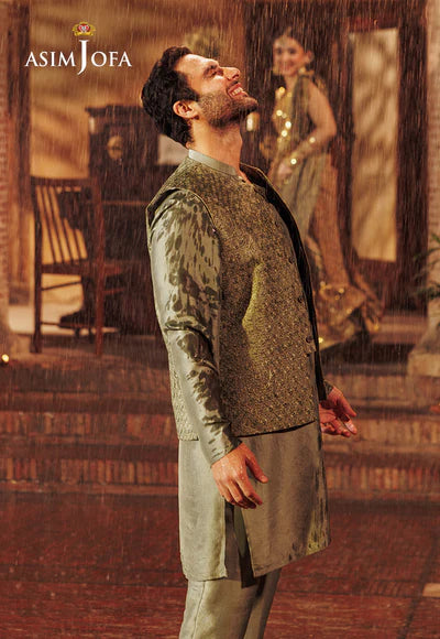Asim Jofa | Menswear New In | AJMS-12 EMBROIDERED KOREAN RAW SILK 3 PCS - House of Ayeza