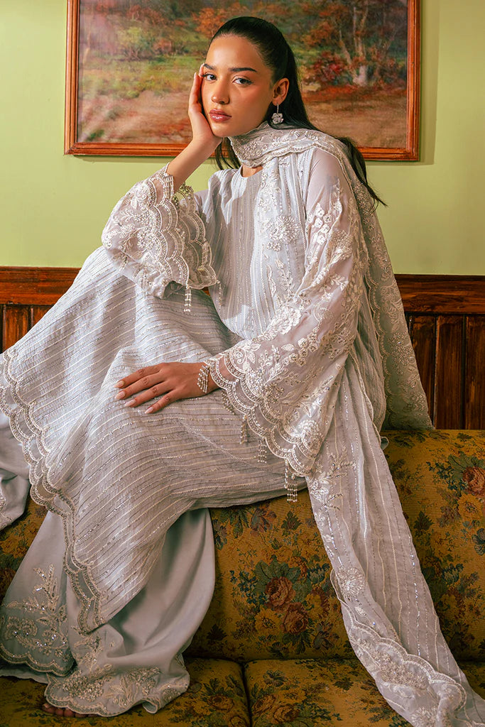 Cross Stitch | MUTED BLUE-4 PIECE EMBROIDERED CHIFFON SUIT - House of Ayeza