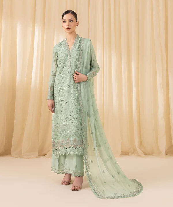 Sapphire | 3 Piece - Embroidered Georgette Chiffon Suit - House of Ayeza