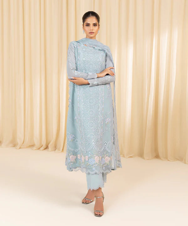 Sapphire | 3 Piece - Embroidered Georgette Chiffon Suit - House of Ayeza