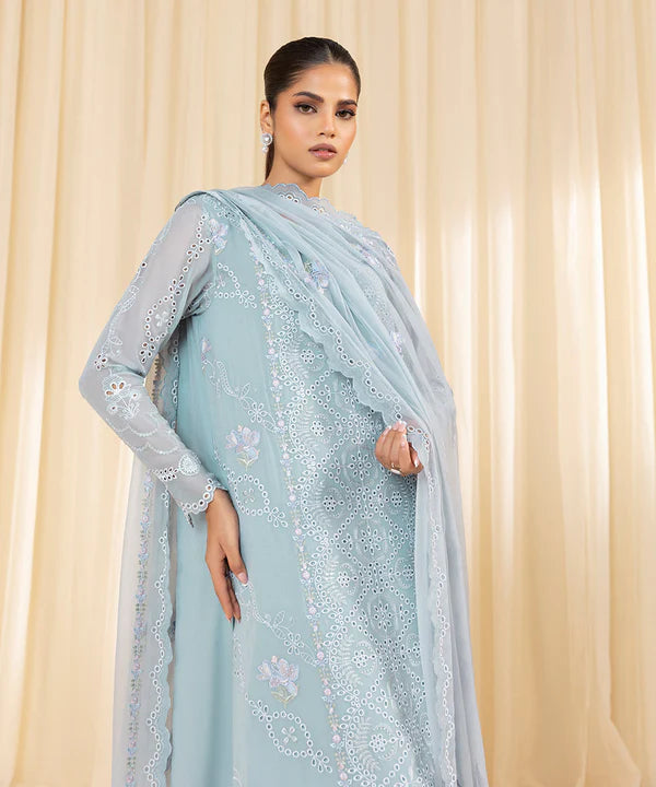 Sapphire | 3 Piece - Embroidered Georgette Chiffon Suit - House of Ayeza