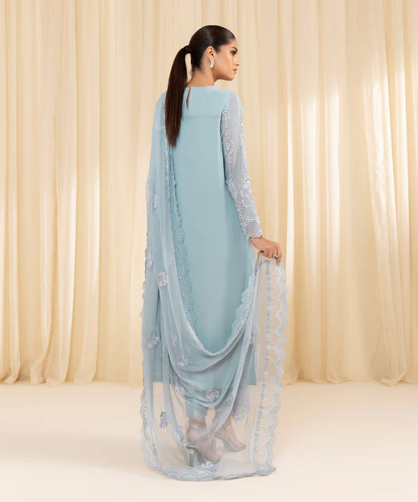 Sapphire | 3 Piece - Embroidered Georgette Chiffon Suit - House of Ayeza