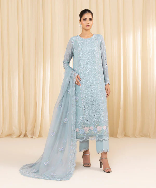 Sapphire | 3 Piece - Embroidered Georgette Chiffon Suit - House of Ayeza