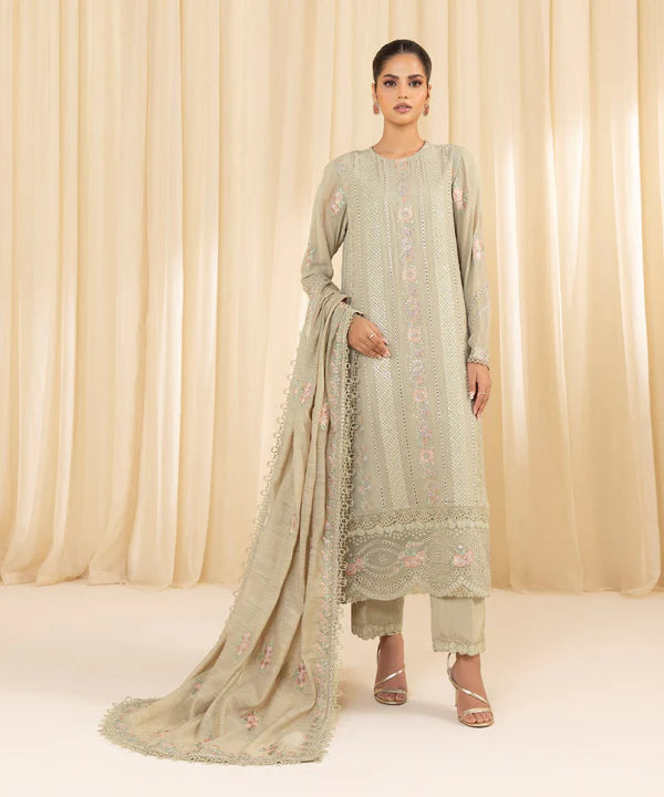 Sapphire | 3 Piece - Embroidered Georgette Chiffon Suit - House of Ayeza