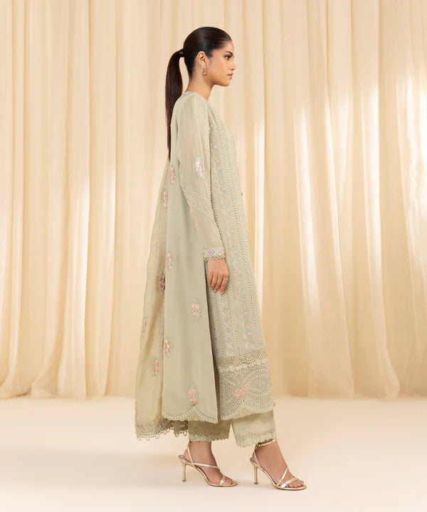 Sapphire | 3 Piece - Embroidered Georgette Chiffon Suit - House of Ayeza