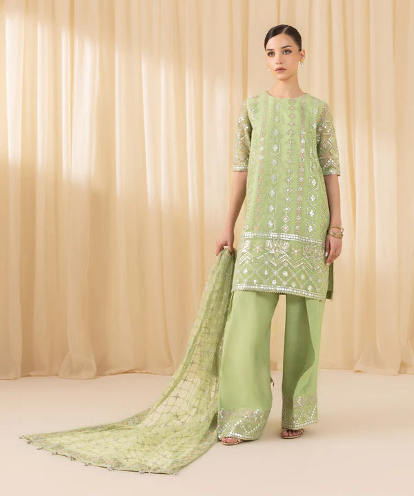 Sapphire | 3 Piece - Embroidered Organza Suit - House of Ayeza