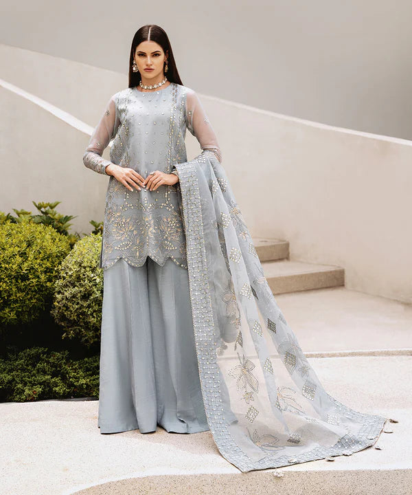 Sapphire | 3 Piece - Embroidered Organza Suit - House of Ayeza