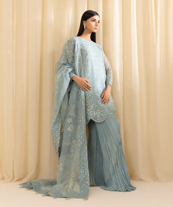 Sapphire | 3 Piece - Embroidered Organza Suit - House of Ayeza