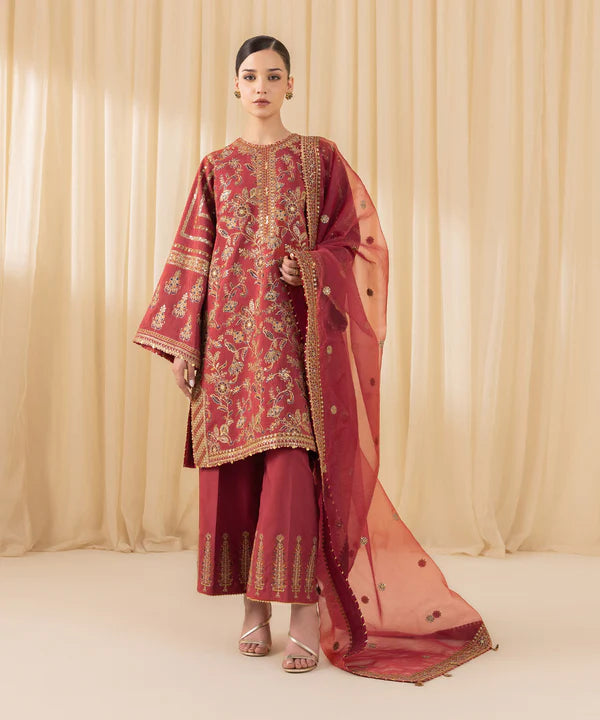 Sapphire | 3 Piece - Embroidered Raw Silk Suit - House of Ayeza