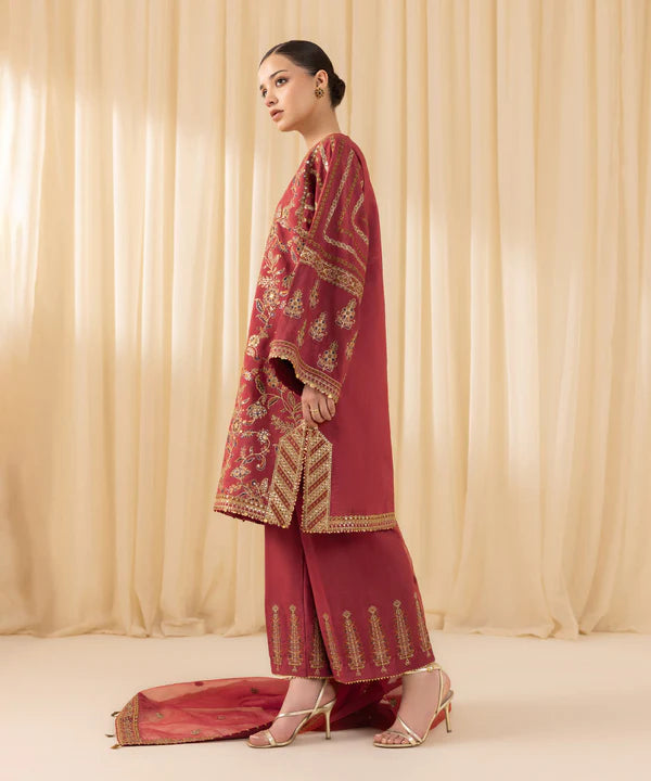 Sapphire | 3 Piece - Embroidered Raw Silk Suit - House of Ayeza