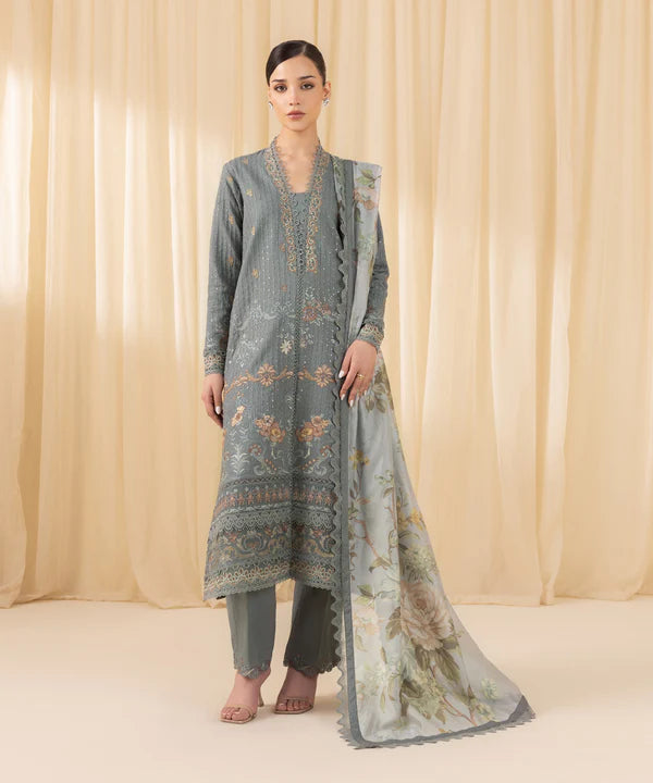 Sapphire | 3 Piece - Embroidered Cambric Suit - House of Ayeza