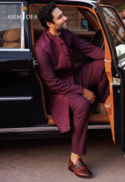 Asim Jofa | Menswear New In | AJMS-10 EMBROIDERED KOREAN RAW SILK 3 PCS - House of Ayeza