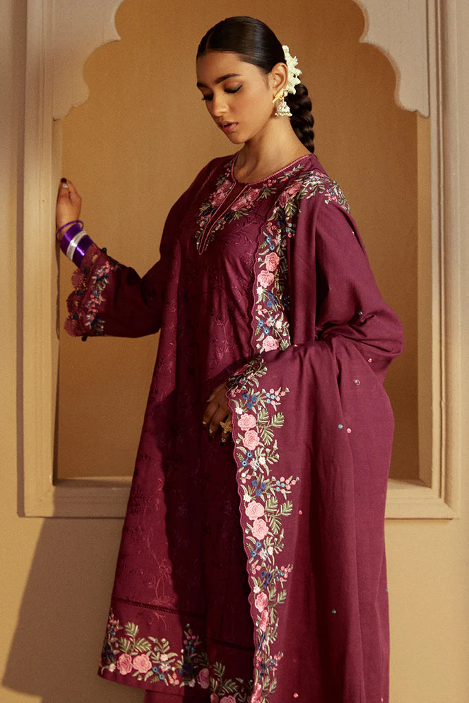 Cross Stitch | Winter Collection 24 | PLUM RADIANCE-3 PC KHADDAR EMBROIDERED SUIT - House of Ayeza