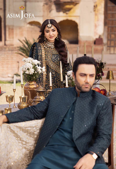 Asim Jofa | Menswear New In | AJMS-08 EMBROIDERED KOREAN RAW SILK 3 PCS - House of Ayeza